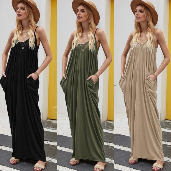 Long maxi cami strap dress cocoon pockets black - Picture 4 of 5